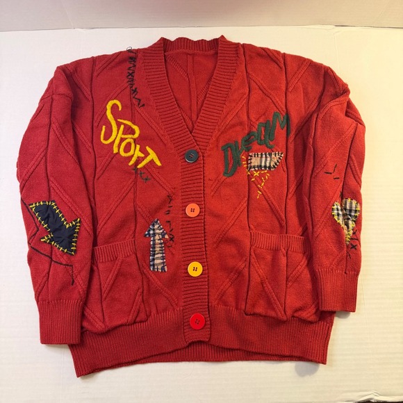 Ebossy Sweaters - Ebossy Red Knit Sweater Cardigan Applique V Neck B Size M Patches Sport Dream